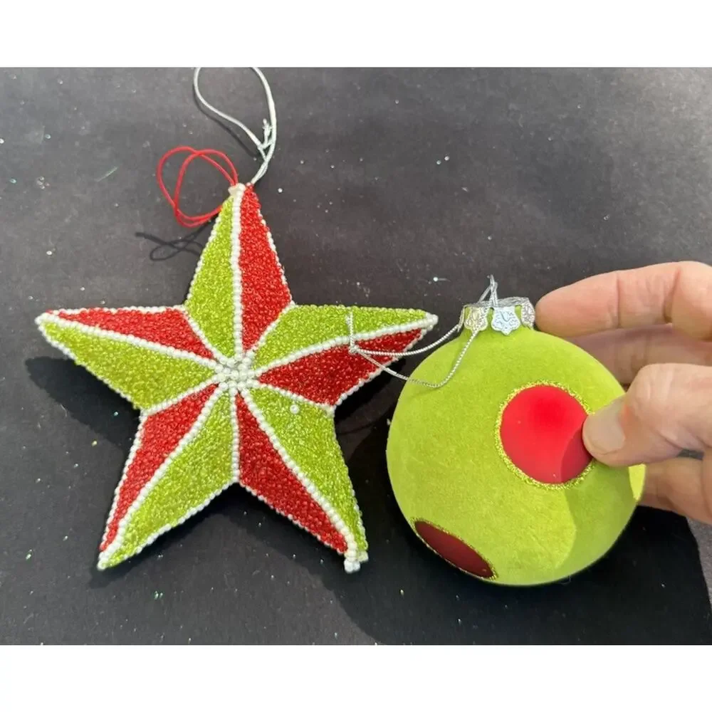 Dept 56 Whimsical Christmas ornament Beaded Star & Flocked Ball -Lo10